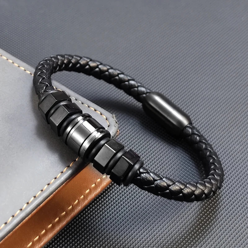 Hexagonal Leather Woven Bracelet — Stainless Steel