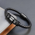 Hexagonal Leather Woven Bracelet — Stainless Steel