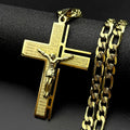 Jesus Cross Crucifix Pendant Necklace for Men Stainless Steel Gold Color Christian Spanish Lord's Prayer Figaro Chain