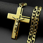 Jesus Cross Crucifix Pendant Necklace for Men Stainless Steel Gold Color Christian Spanish Lord's Prayer Figaro Chain