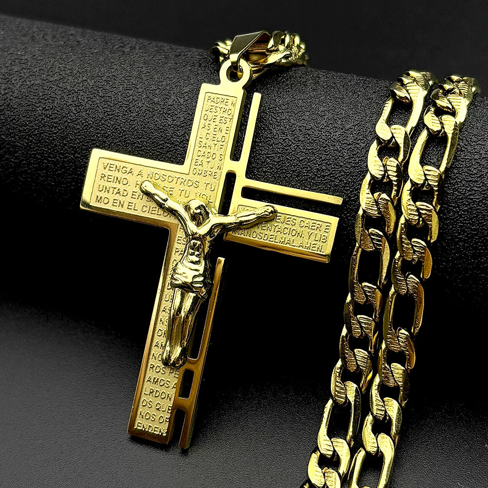 Jesus Cross Crucifix Pendant Necklace for Men Stainless Steel Gold Color Christian Spanish Lord's Prayer Figaro Chain