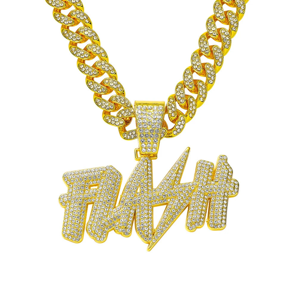 New Hip Hop Flash Lightning Large Letter Pendant Necklace With 13mm Cuban Chain Letters Necklaces For Men's Women Rapper Jewelry