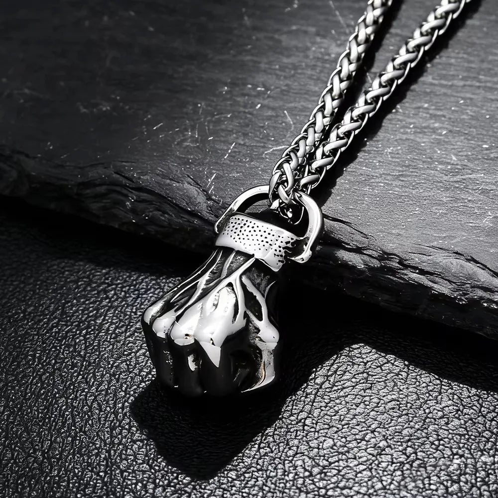 Retro Strength Fist Hand Pendant Necklace Stainless Steel Clenched Fist Hand Amulet Pendant Unisex Gothic Hip Hop