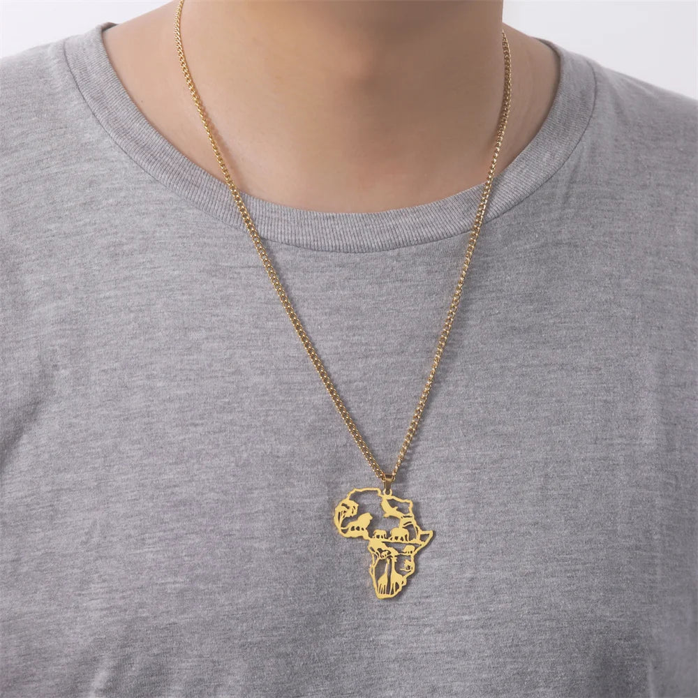 Africa Map Animals Pendant — Stainless Steel