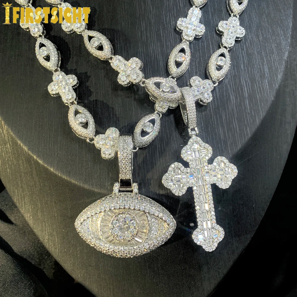 2025 New Eye Cross Necklace Iced Out Bling Silver Color Cubic Zirconia Charm Tennis Chain for Men Women Hip Hop Jewelry