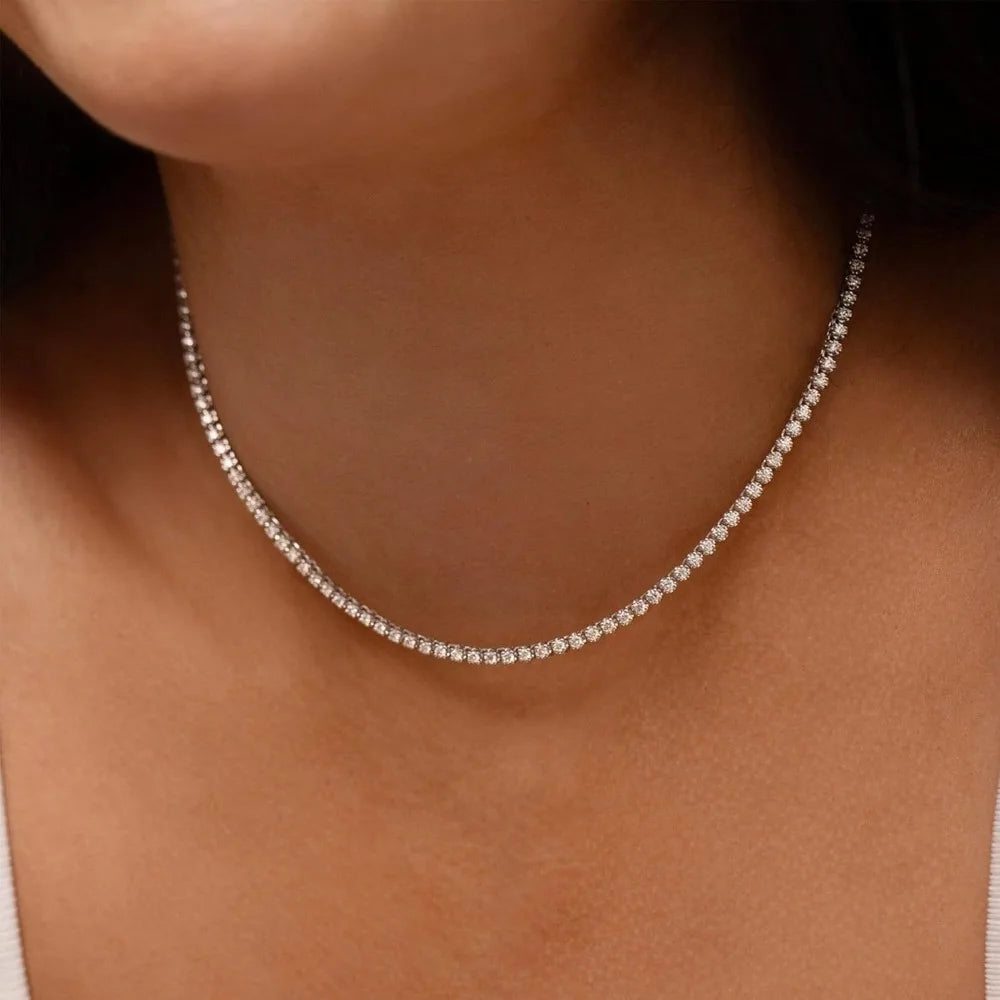 FEOBUR 2mm Moissanite Tennis Necklaces for Women S925 Silver Plated 18K Gold Adjustable Choker Full Diamond Neck Chain