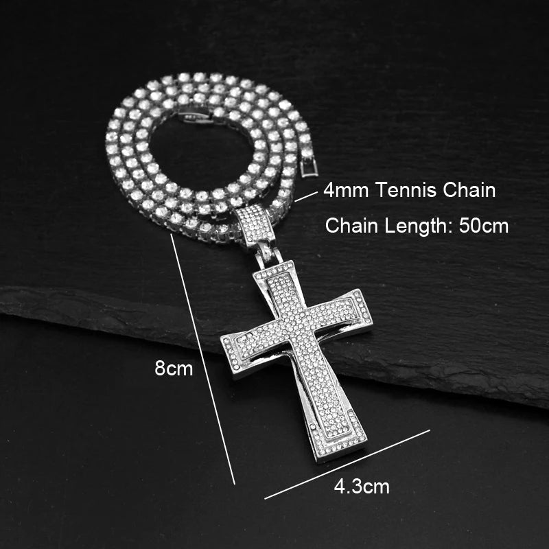 Hip Hop Mens Womens Large Cross Pendant Necklace with 4mm Tennis Chain HipHop Iced Out Bling Necklaces Fashion Charm