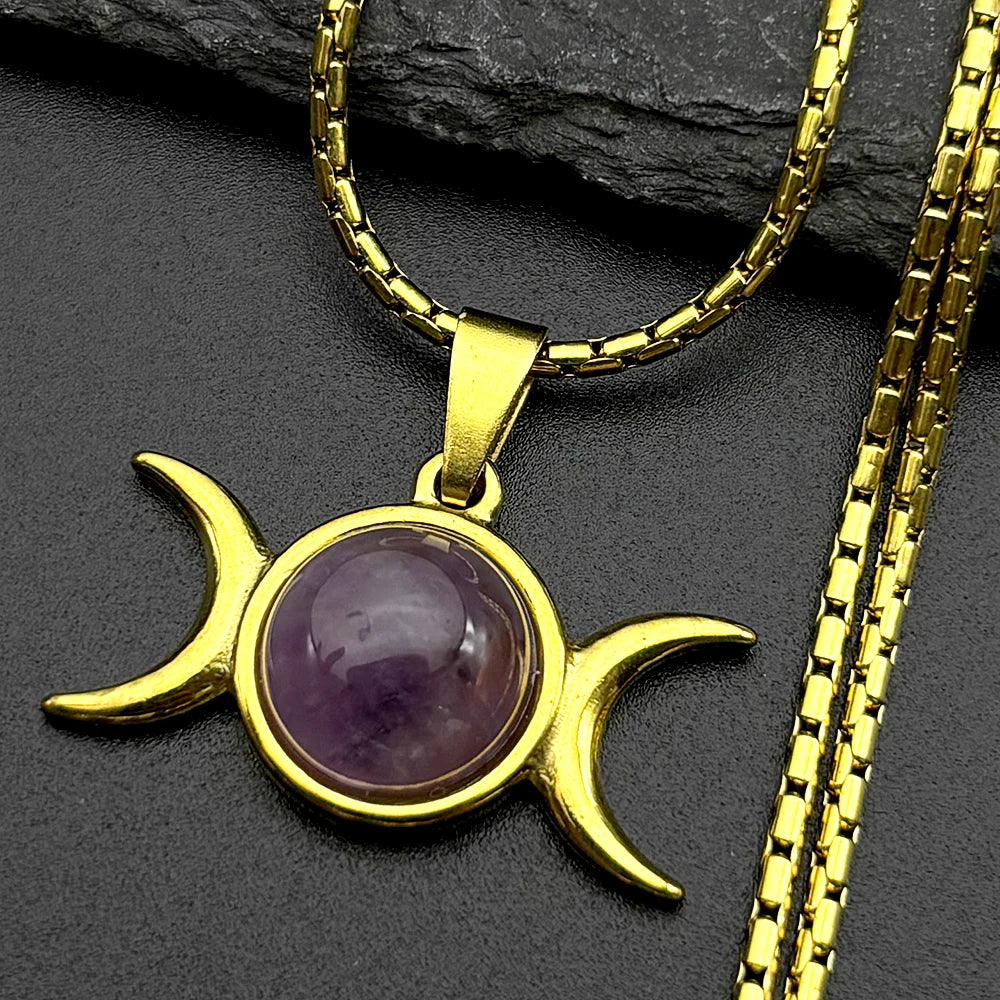 Moon Gold Pendant Witchcraft Triple Amethyst Wicca