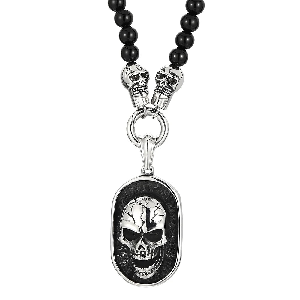 Men's Steampunk CZ Skull Face Head Pendant Necklace For Man 8MM Width 50CM Long Agate Stone Beads Chain Stainless Steel