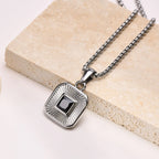 Men's Pendant Necklace,Black Square Zircon Embossing Radiation Sunburst Pendant Collars,Stylish Stainless Steel Jewelry Gifts