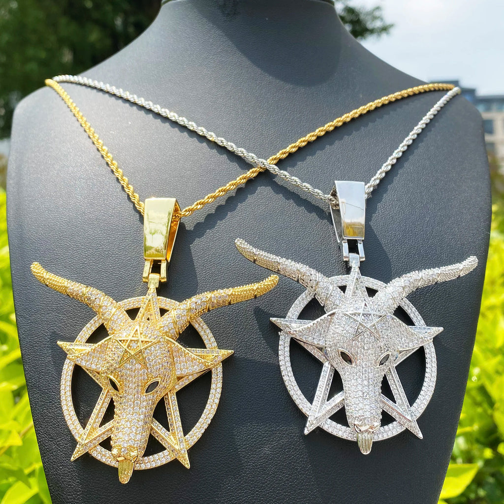 Aokaishen Iced Out Goat Star Circle Necklace Pendant for Men Real Gold Plated Cubic Zirconia Hip Hop Jewelry