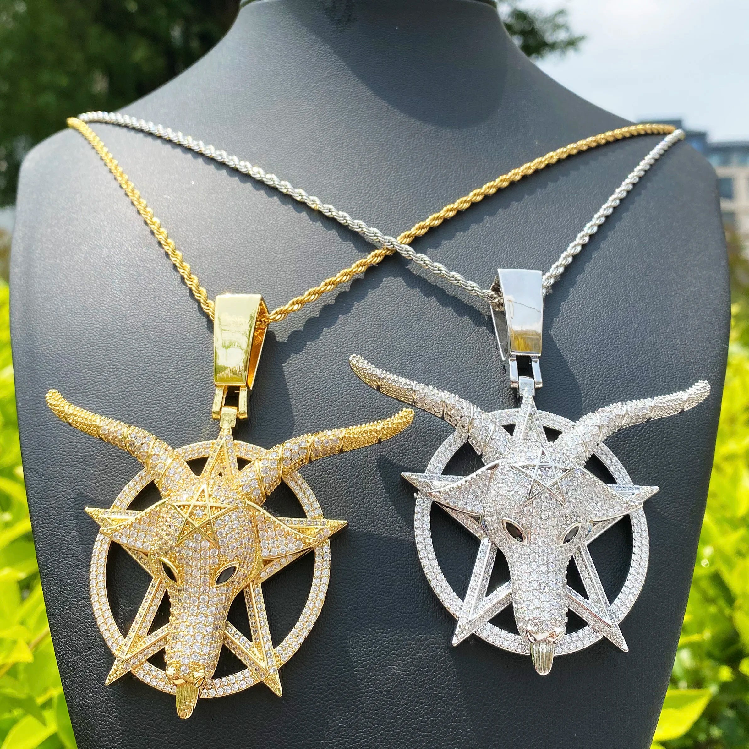Aokaishen Iced Out Goat Star Circle Necklace Pendant for Men Real Gold Plated Cubic Zirconia Hip Hop Jewelry