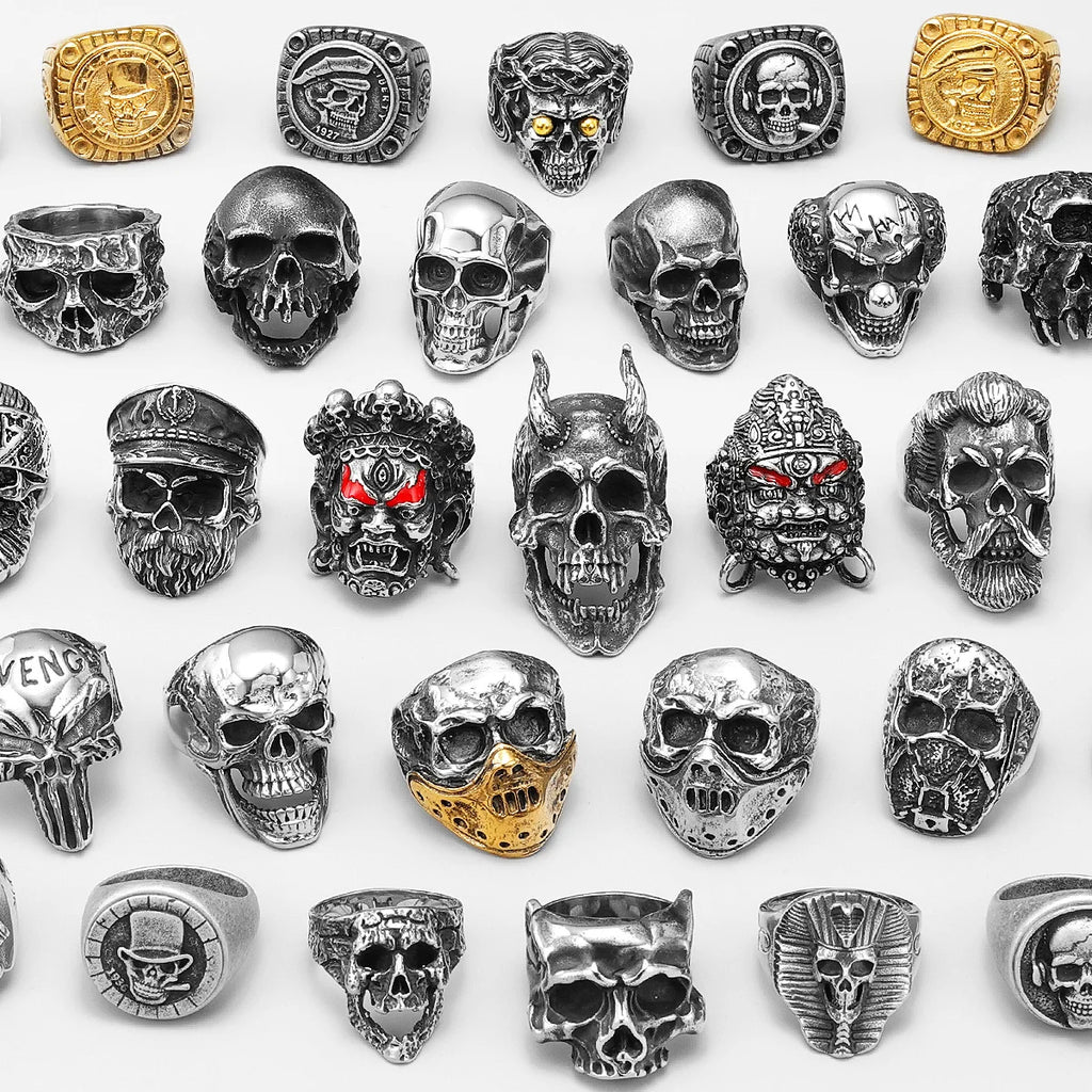Vintage Punk Gothic All Skull Head Series Stainless Steel Womens Mens Rings Unique for Biker Jewelry Creativity Gift