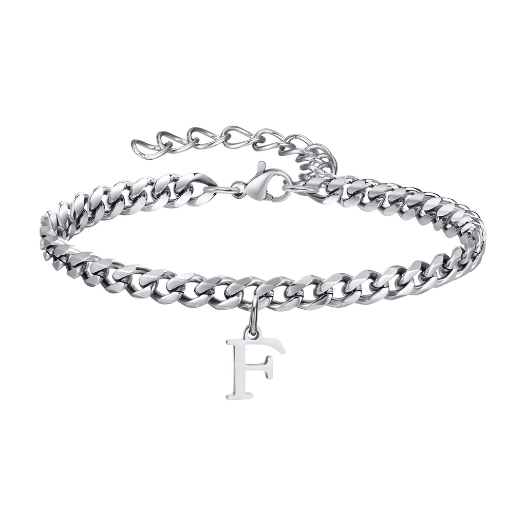 Vnox A-Z Initial Bracelets for Men Women, Never Fade Silver Color Stainless Steel Cuban Chain Bracelet with 26 Letter