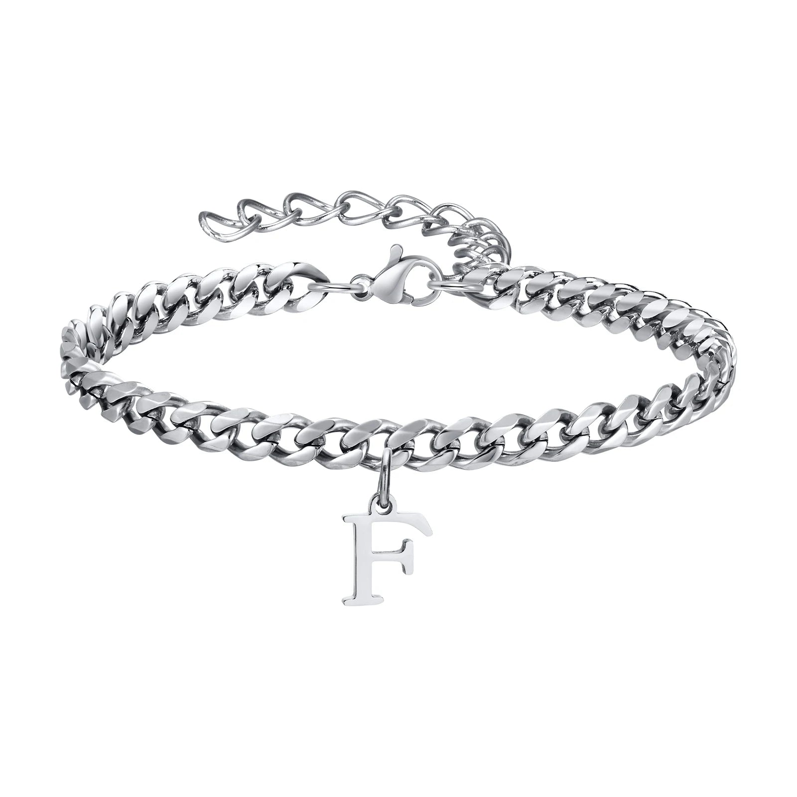 Vnox A-Z Initial Bracelets for Men Women, Never Fade Silver Color Stainless Steel Cuban Chain Bracelet with 26 Letter