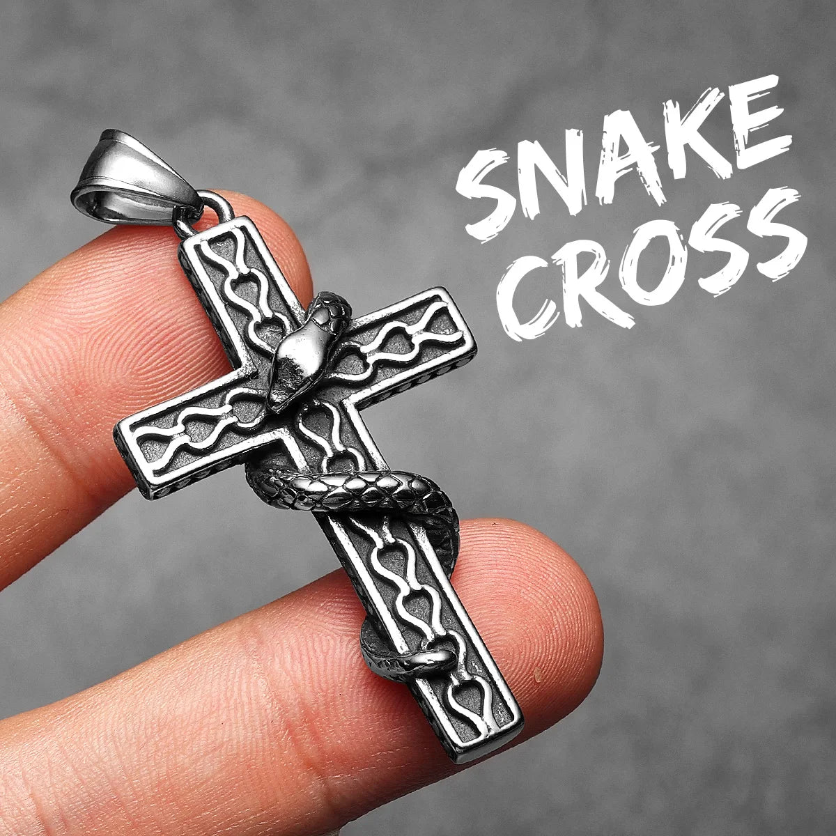 Snake Cross Pendant Necklace — Stainless Steel