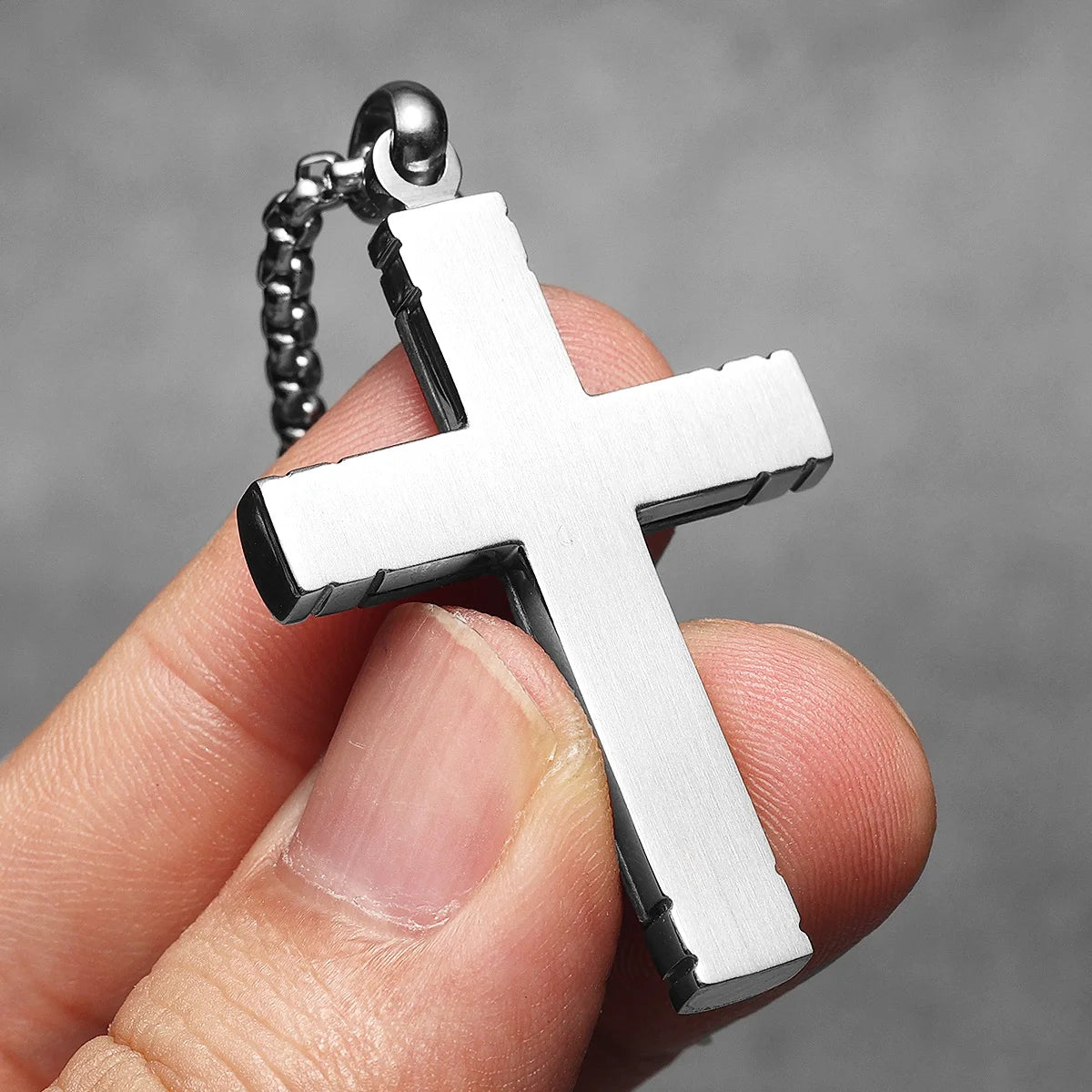 Wood Cross Pendant Necklace — Stainless Steel