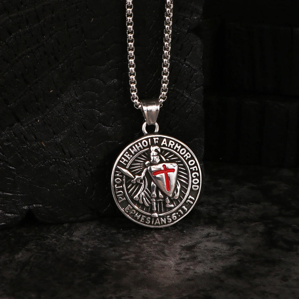 1PC INGX Stainless Steel Men's Retro Knight Cross Shield Pendant Necklace for Men Medieval Viking Necklace Man Jewelry