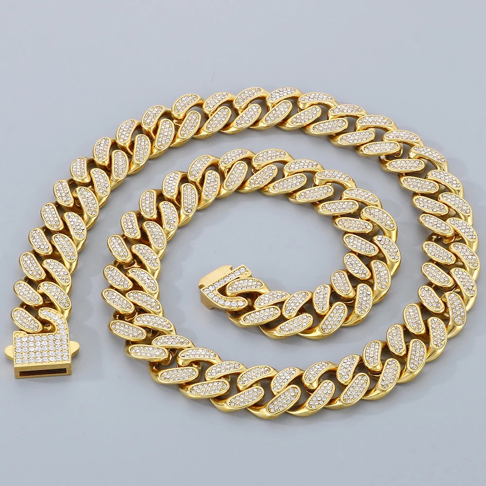 Hip Hop Heavy Cuban Link Chain Set Man Bracelet Necklace Luxury Gold Color Stainless Steel & Full CZ Men's Necklace &