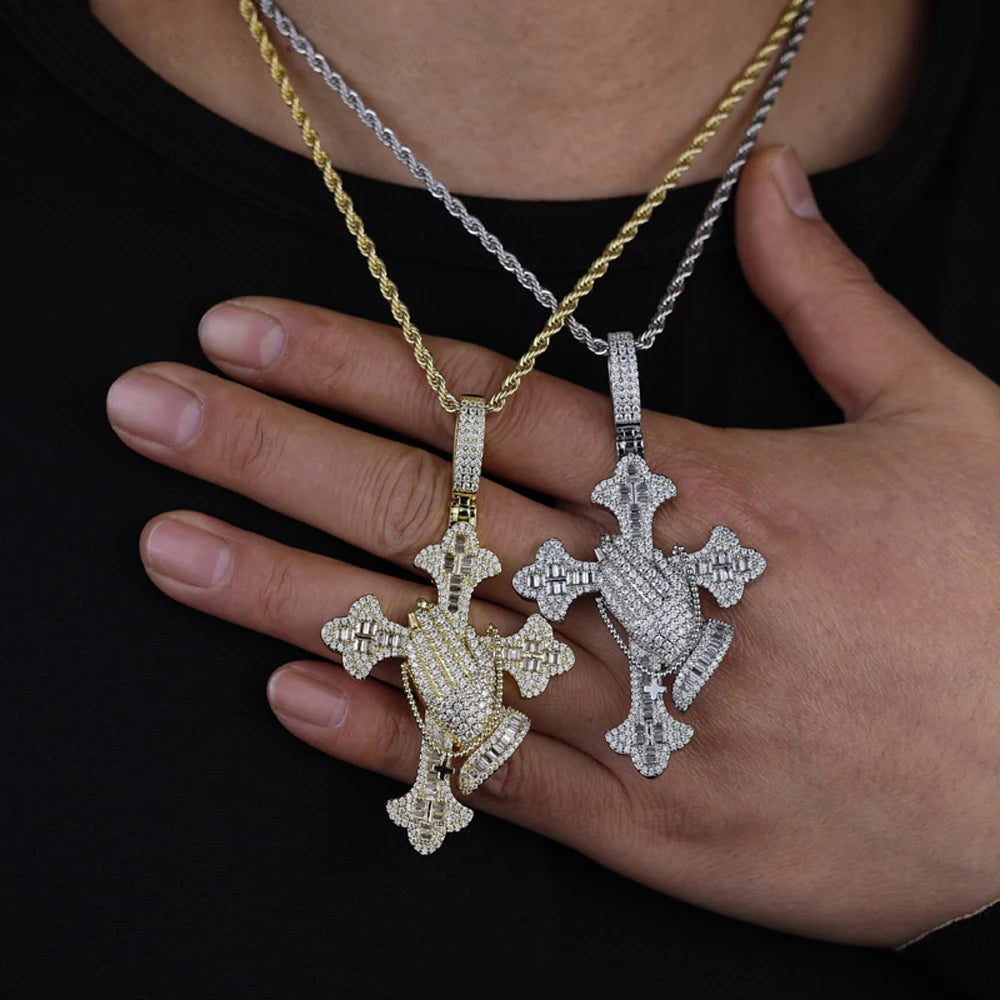 Iced Out Praying Hands Cross Necklace — Silver