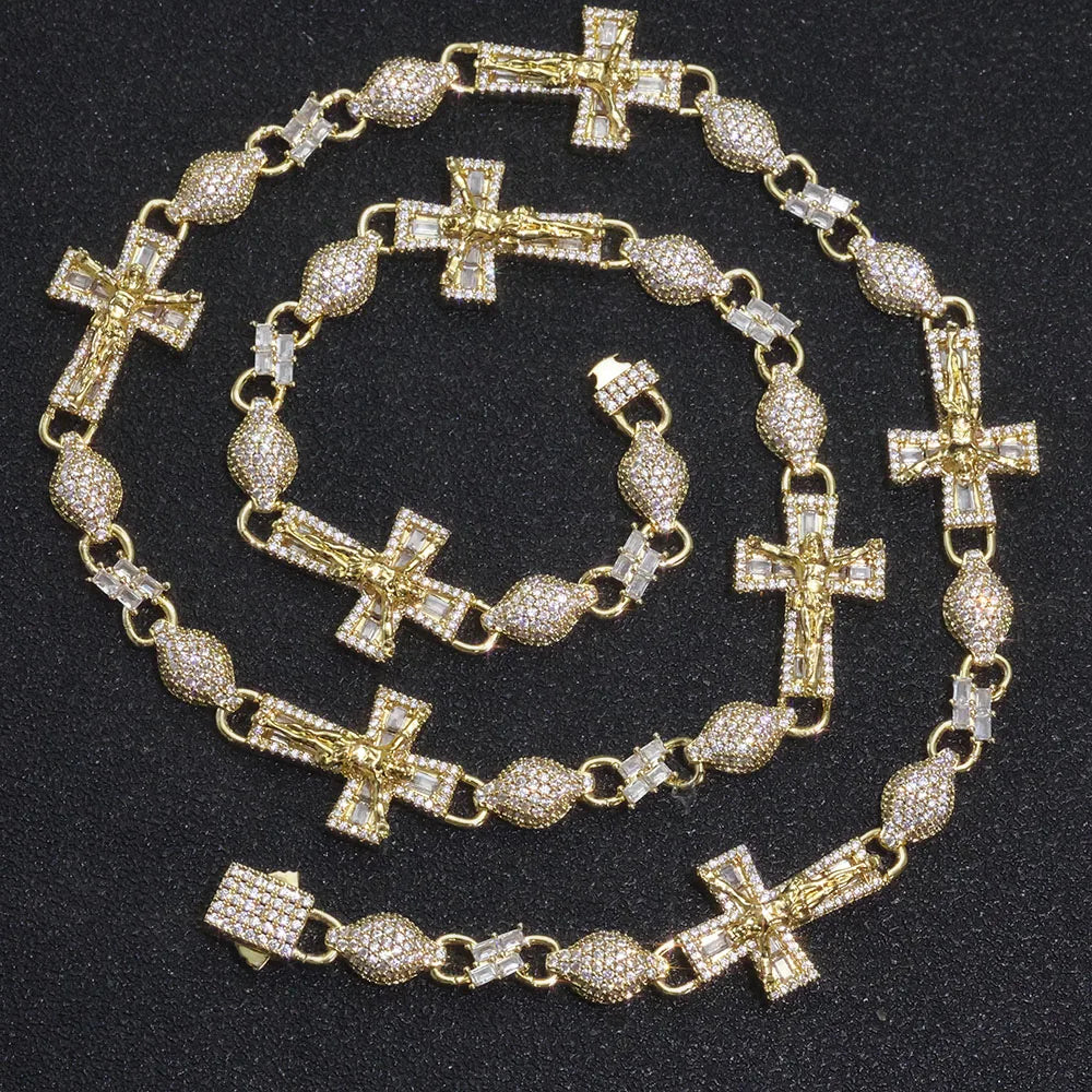 Cross Iced Out Rosary Chain Necklace Stainless Steel