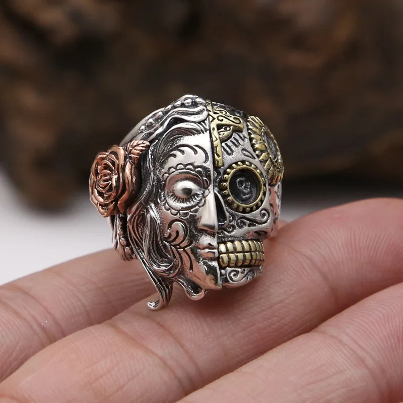 BOCAI New S925 Sterling Silver Jewelry Vintage Punk Double-sided Face Skull Ring Men's Selected Gift