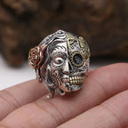 BOCAI New S925 Sterling Silver Jewelry Vintage Punk Double-sided Face Skull Ring Men's Selected Gift
