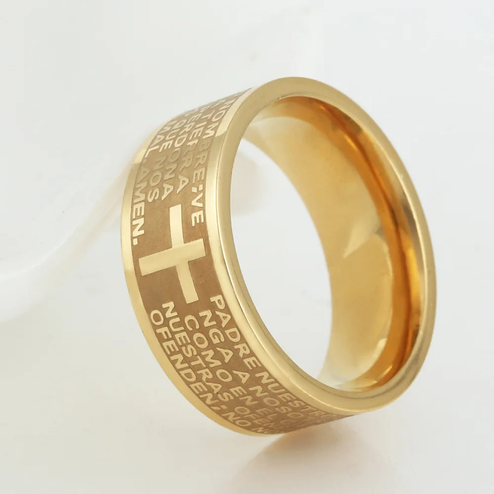 7mm Tone Spanish Golden The Holy Bible Prayer Cross Ring Stainless Steel Rings