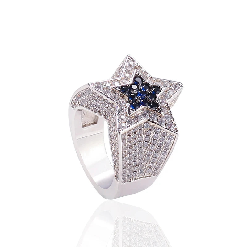 Hip Hop 3A+ CZ Stone Paved Bing Iced Out Five-Pointed Star Rings for Men Women Unisex Rapper Jewelry Gold Silver Color