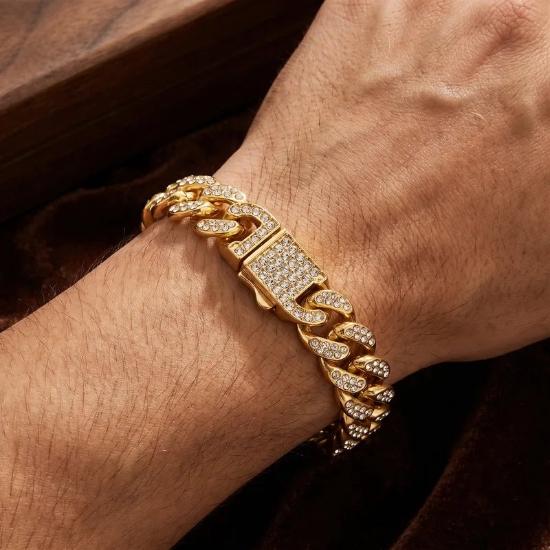 11mm full Rhinestone Miami Chain Bracelet for Men Rock Thick Cuban Chain Stainless Steel Punk Biker Jewelry Gifts