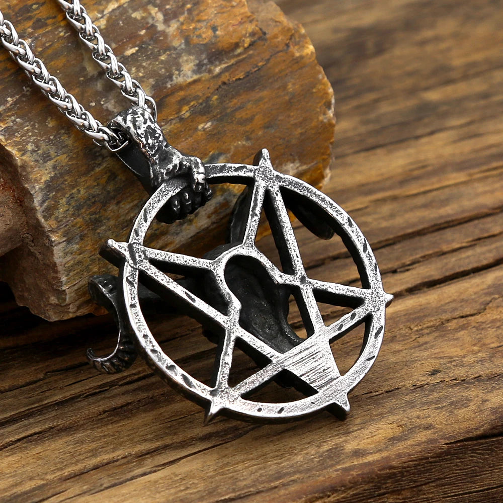 Gothic Punk Demon Sheep Skull Pendant Stainless Steel Pentagram Necklace For Men Women Unique Amulet Jewelry Gift