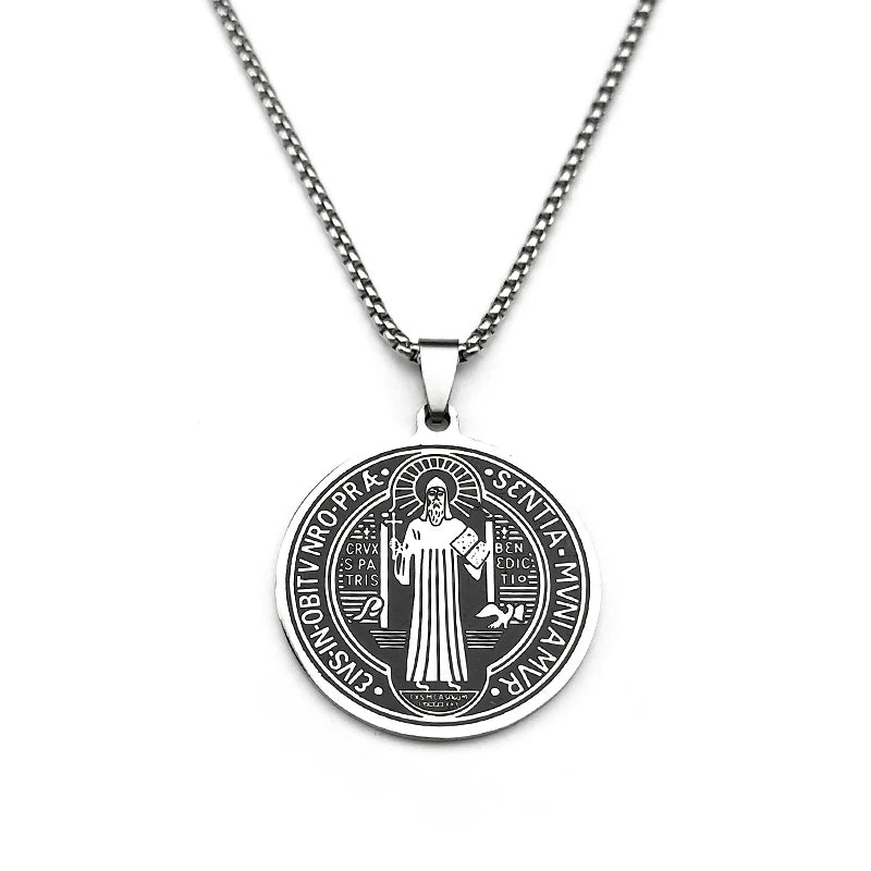Saint Benedict Medallion Pendant Necklace for Women Men Stainless Steel Black Color Christian Spiritual Chain Jewelry N2588-6S02