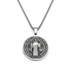 Saint Benedict Medallion Pendant Necklace for Women Men Stainless Steel Black Color Christian Spiritual Chain Jewelry N2588-6S02
