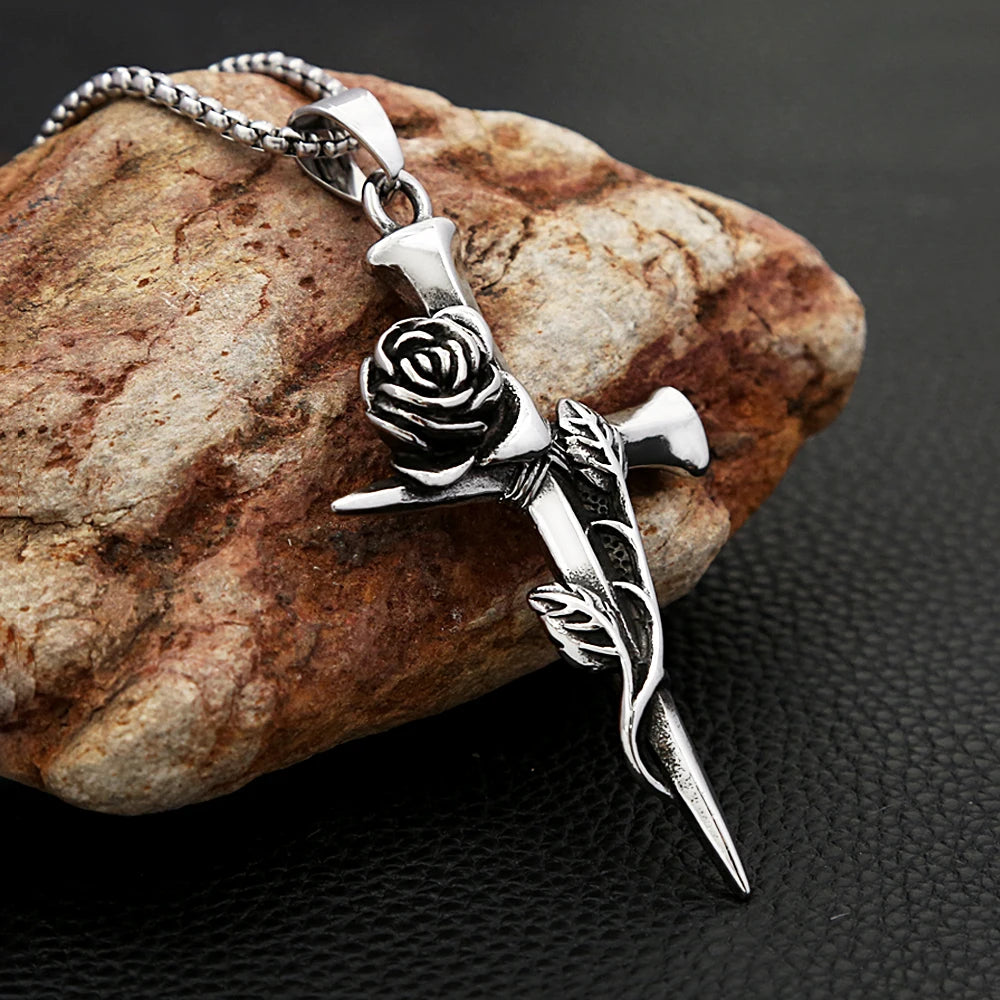 Fashion Vintage Rose Cross Necklace for Man Woman Punk 316L Stainless Steel Couple Pendant Creative Amulet Jewelry