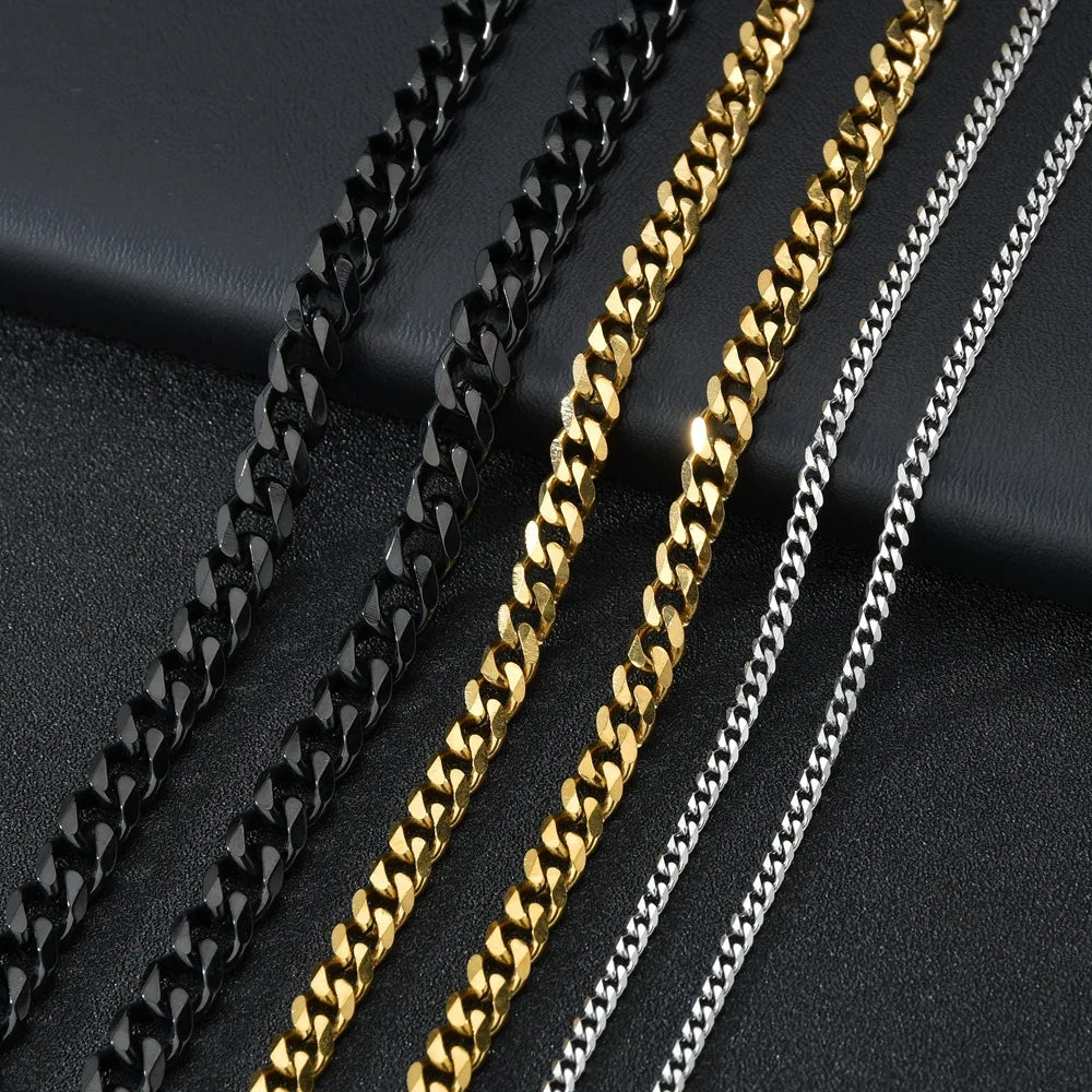 1 piece Size 3.6mm/5mm/7mm Men's Necklace Stainless Steel Cuban Link Chain Bracelet Necklace Steel Gold Black Color Male Jewelry