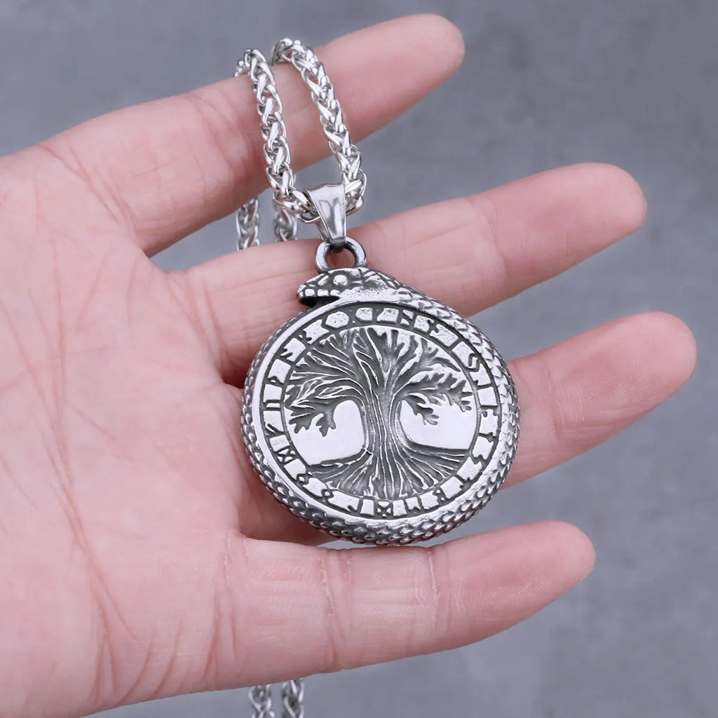 Nordic Viking Ouroboros Tree of Life Necklace Men's Stainless Steel Vintage Amulet Pendant Necklace Scandinavian Jewelry Gift