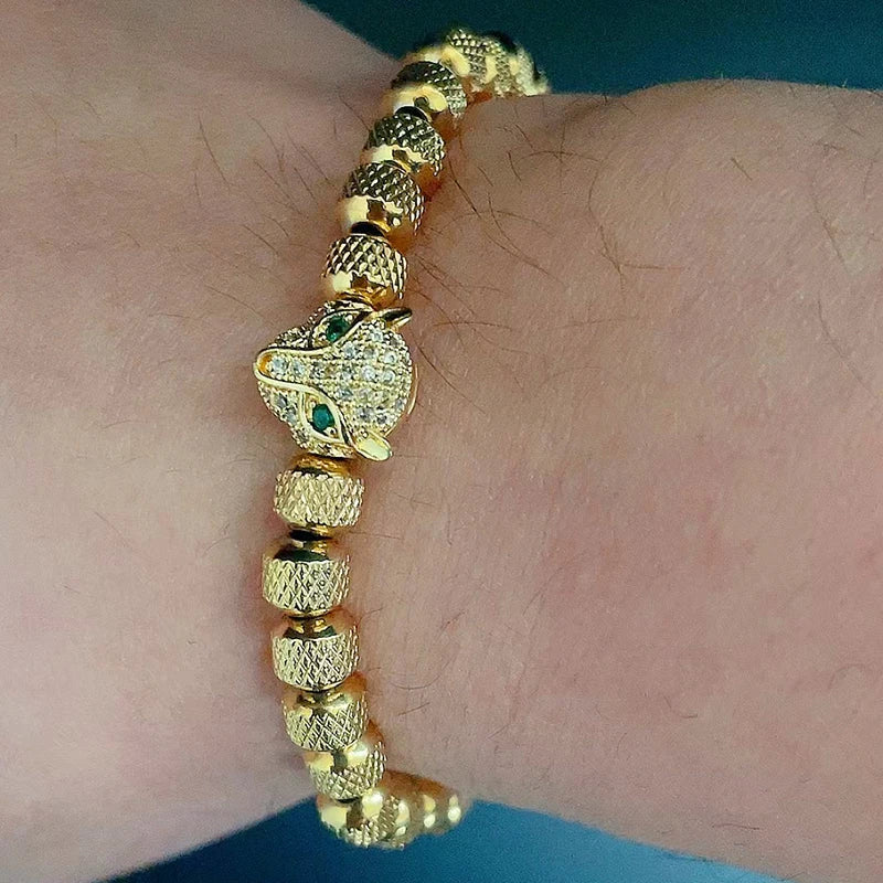 Luxury Stainless Steel Beads Beaded Leopard Head Man Bracelet For Women Hand Jewelry Couple Gift