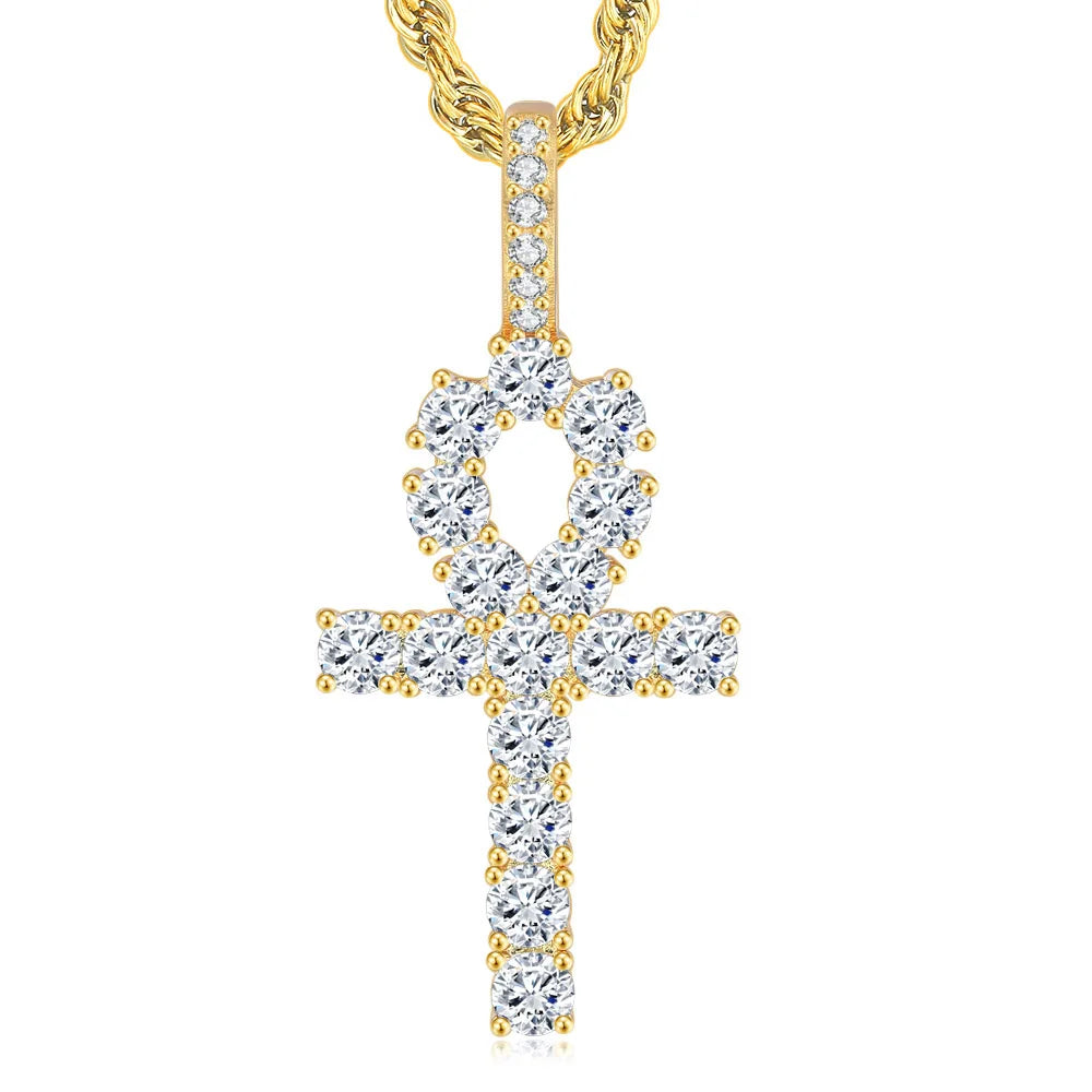 Gold Iced Out Cross Ankh Pendant Necklace