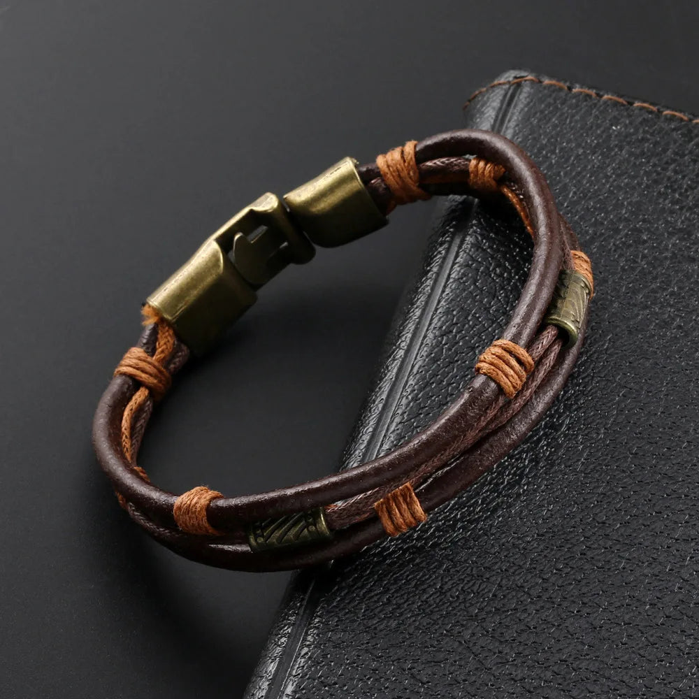 Vintage Cowhide Leather Rope Bracelet — Stainless Steel