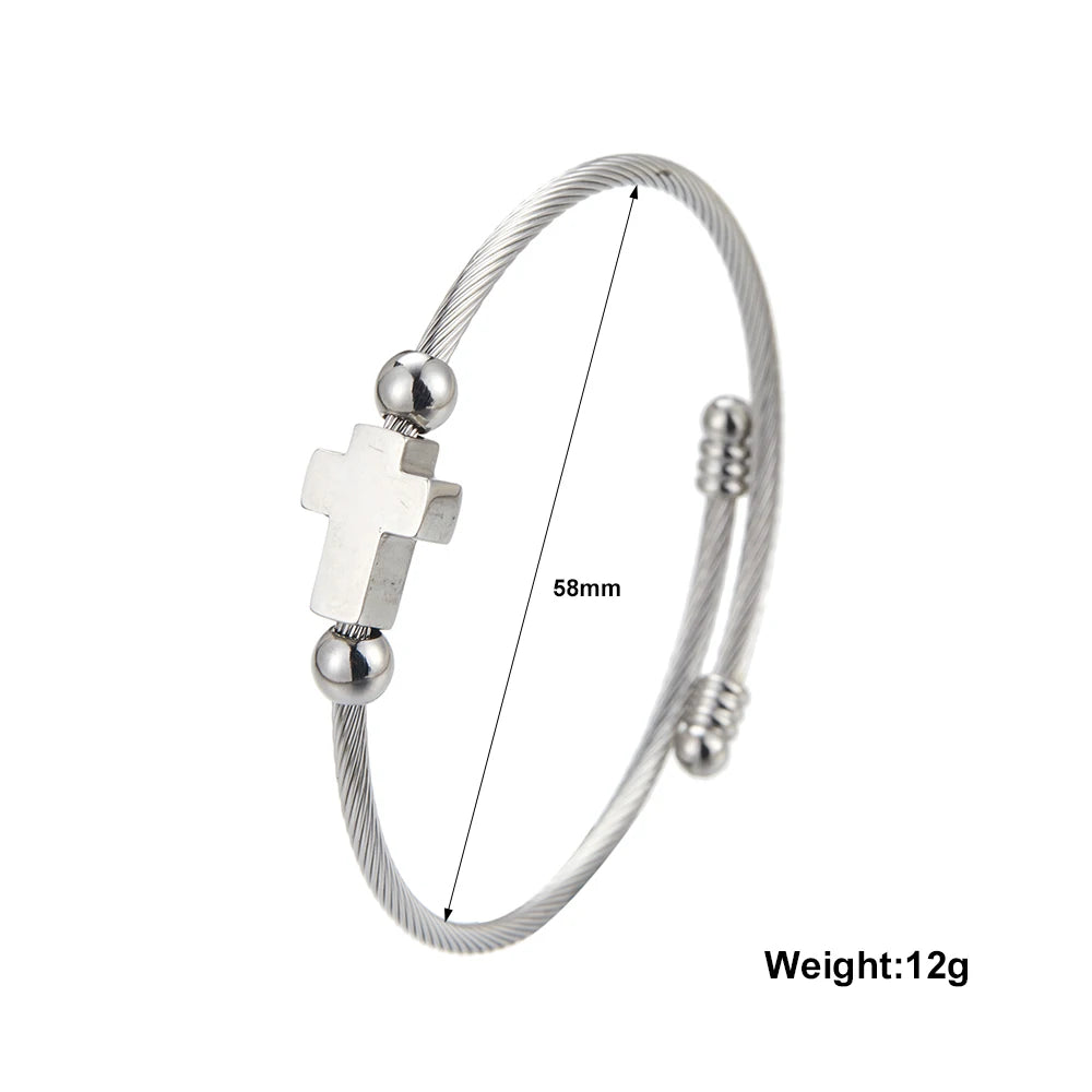 Adjustable Gold Cross Wire Bangle, Stainless Steel Open Cuff Bracelet, Christian Religious Jewelry for Men Women Gift