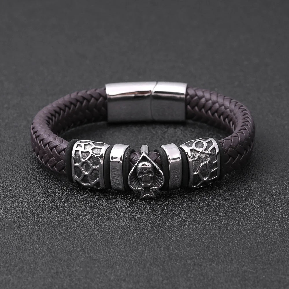 Skull Braid Leather Bracelet — Stainless Steel