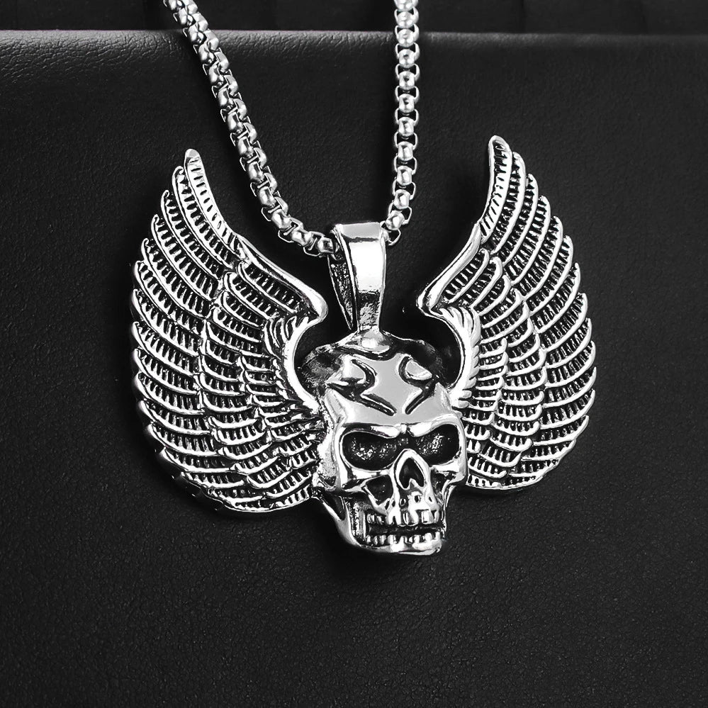 Silver Skull Wings Pendant Necklace Box Chain