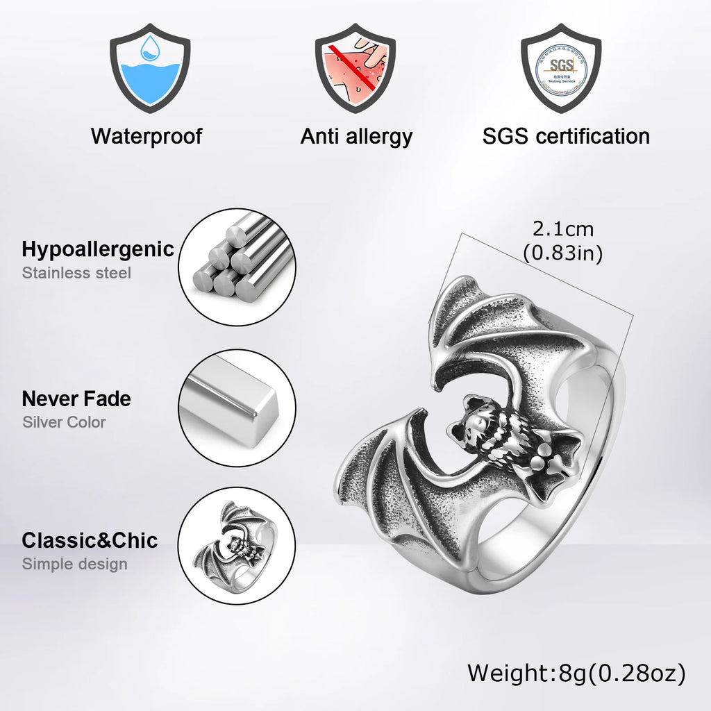 Fashion Gothic Bat Ring for Men, Non-fading Stainless Steel Creative Animal Rings, Punk Unique Design Finger Jewelry