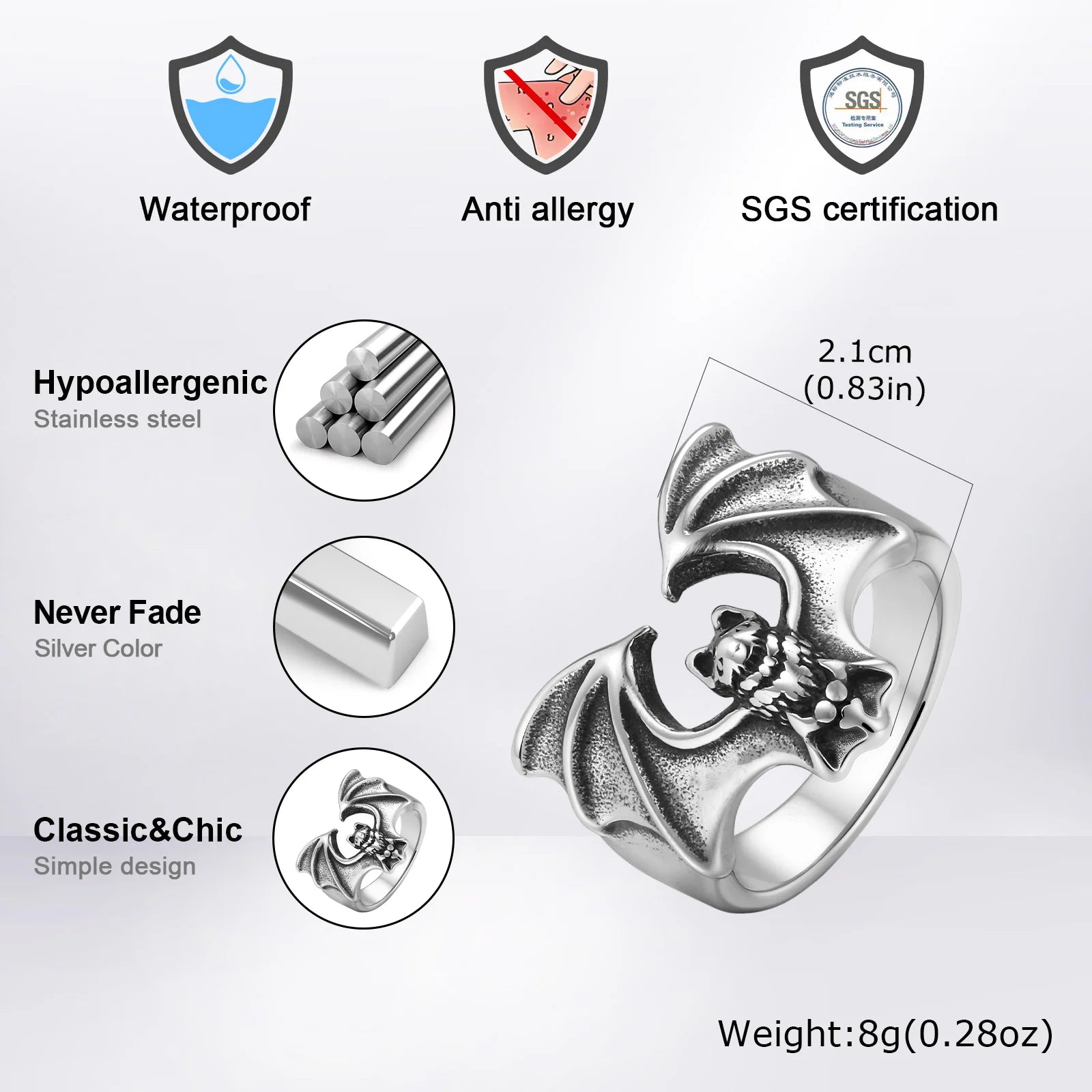 Fashion Gothic Bat Ring for Men, Non-fading Stainless Steel Creative Animal Rings, Punk Unique Design Finger Jewelry