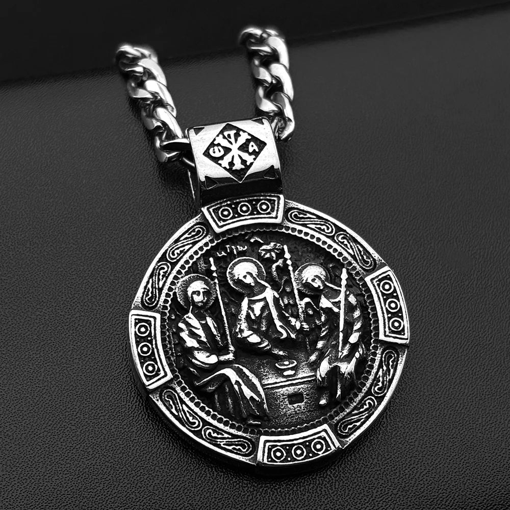 Vintage Orthodox Icons Holy Trinity Round Pendant Necklace for Men Stainless Steel Silver Color Chritian Amulet Chain