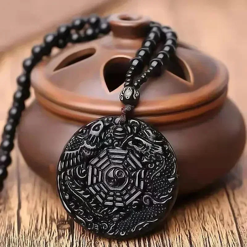 Obsidian Gossip Pendant Necklace Carving Dragon and Phoenix Shape Lucky Amulet Jewelry Six-Character Mantra Pearl