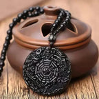 Obsidian Gossip Pendant Necklace Carving Dragon and Phoenix Shape Lucky Amulet Jewelry Six-Character Mantra Pearl
