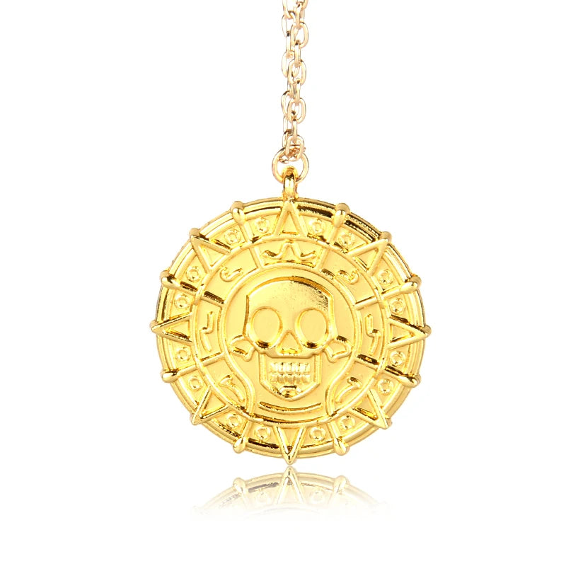 Movie Accessories Akg Pirates Of The Caribbean Aztec Gold Color Coin Necklace Retro Skull Pendant Punk Hip Hop Necklace