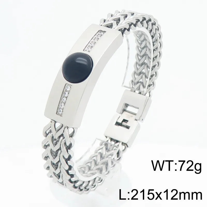 Classic Men's Bracelet With Tiger Eye Stone 12MM Width Gold Color Stainless Steel Link Chain Bracelets for Man Jewelry