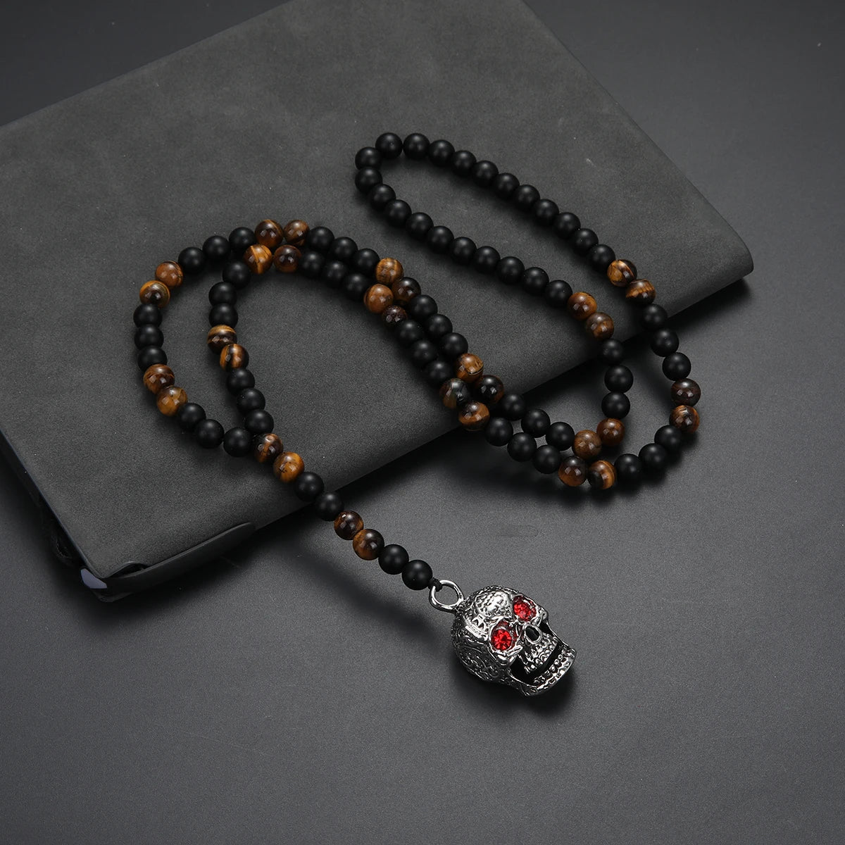 Skull Pendant Black Beaded Necklace for Men and Women, 72cm